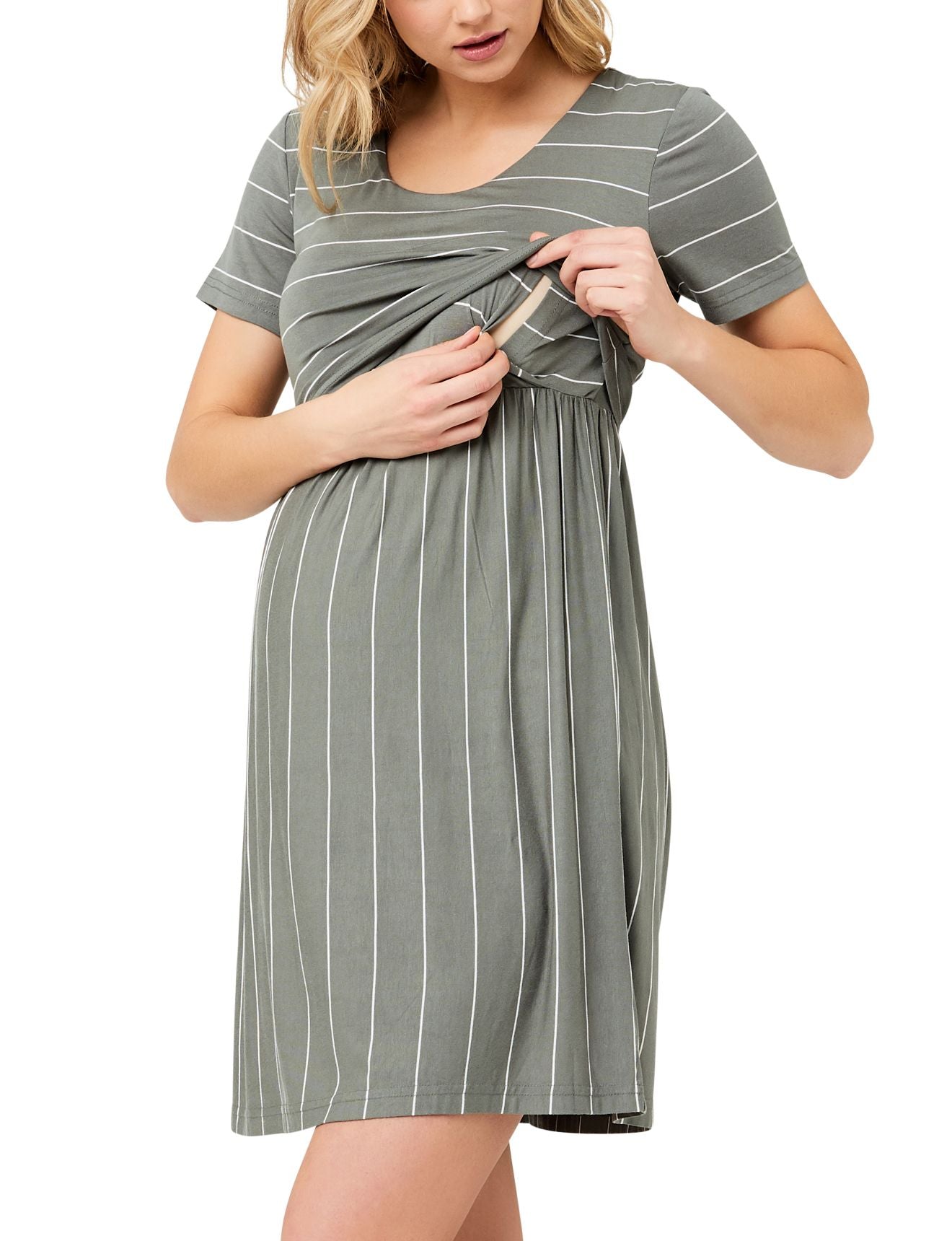 Maternity Nursing Dress in Olive Stripe