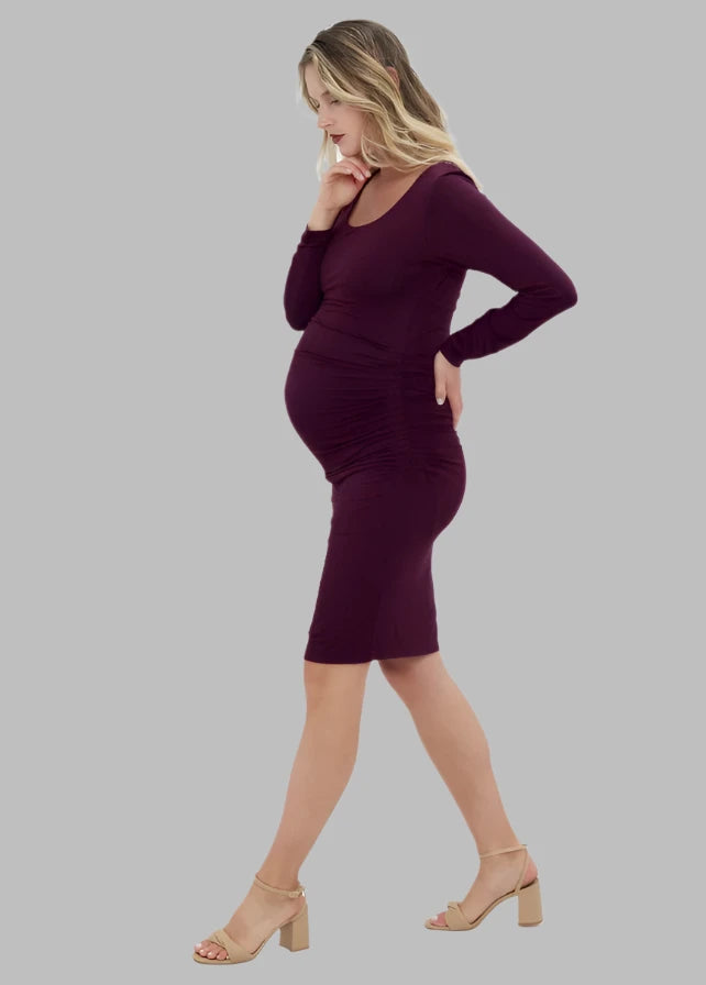 Everywear Long Sleeve Maternity Dress in Burgundy