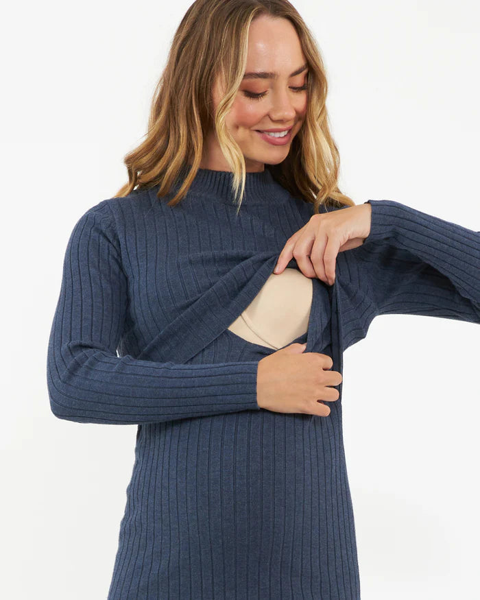 Nella Rib Knit Dress in Denim Marle