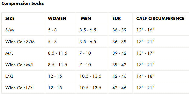 Compression Socks Size Chart