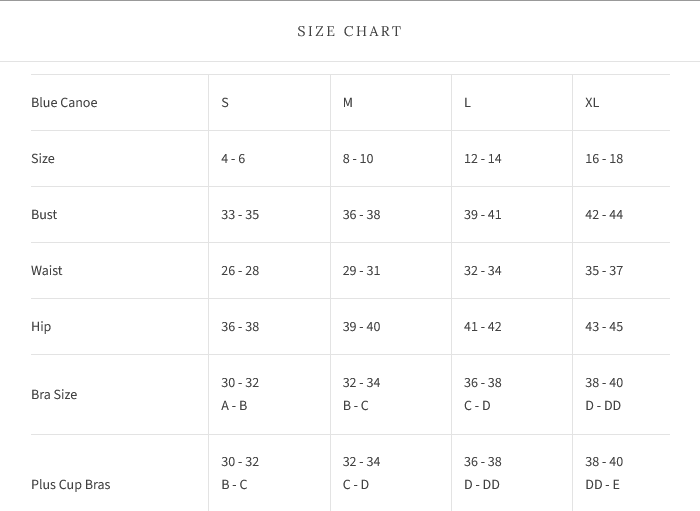 Blue Canoe Bra Size Chart