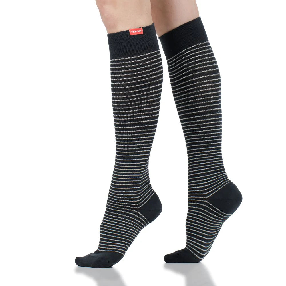 Cotton 15-20 mmHg Charcoal & White Pinstripe Knee High Compression Socks