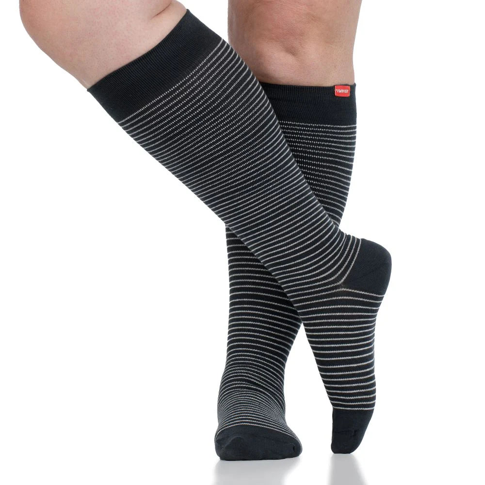 Cotton 15-20 mmHg Charcoal & White Pinstripe Knee High Compression Socks