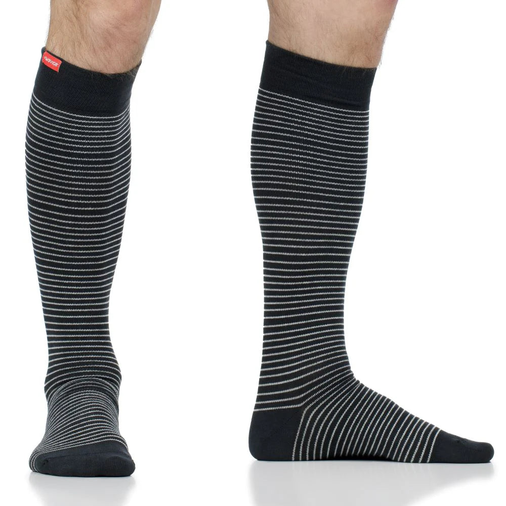 Cotton 15-20 mmHg Charcoal & White Pinstripe Knee High Compression Socks