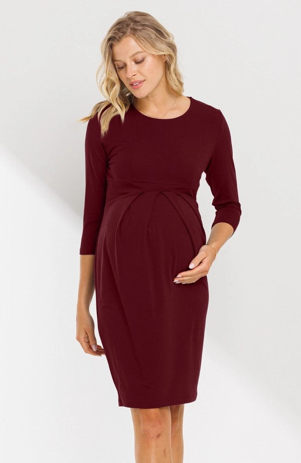 Long Sleeve Pleat Front Maternity Dress