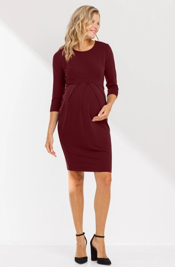 Long Sleeve Pleat Front Maternity Dress