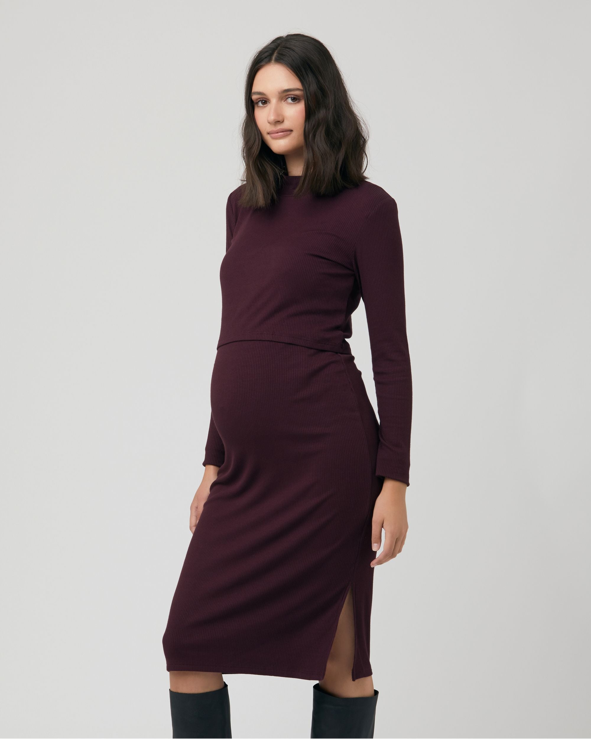 burgundy nursing dress Angel Maternity Mia Maternity & Nursing Zipper Drawstring Dress in Burgundy