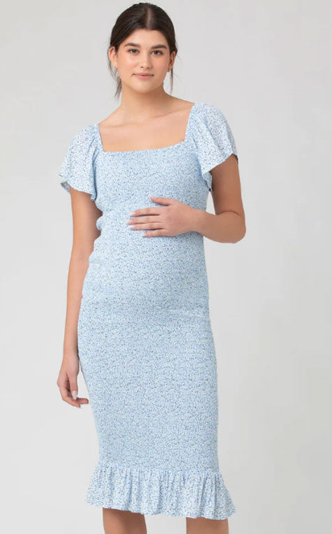 Blue Selma Shirred Maternity Dress by Ripe