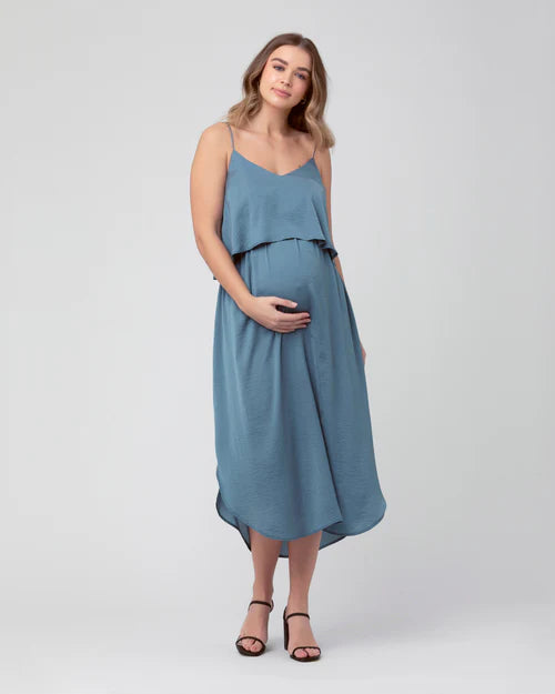 Crushed Satin Nursing Slip Dress Dusty Blue Petrol / S