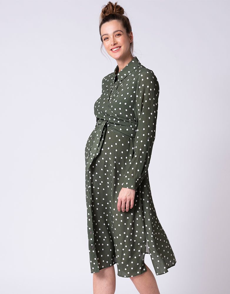 CLEARANCE!  Bless Maternity to Nursing Midi Dot Print in Olive