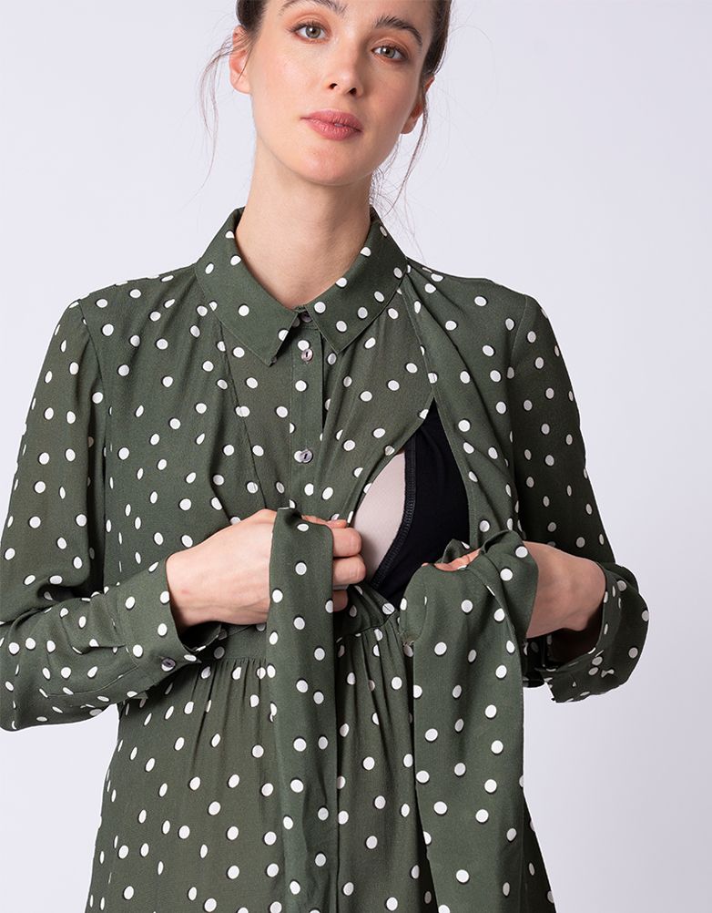 CLEARANCE!  Bless Maternity to Nursing Midi Dot Print in Olive