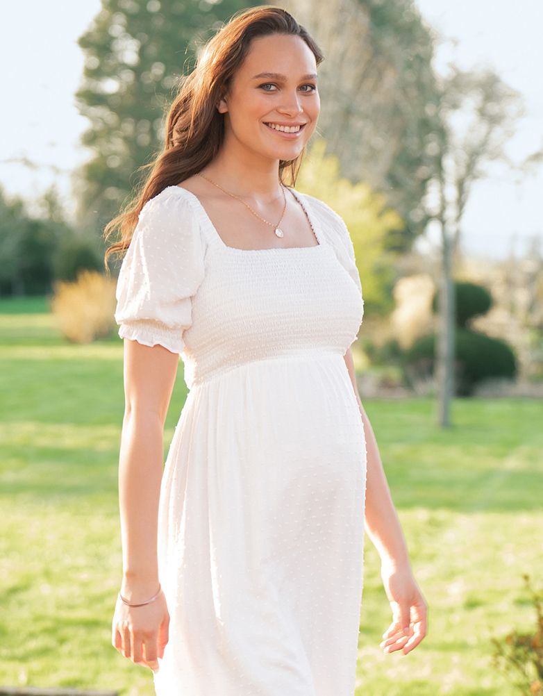 Carolina White Shirred Maternity Maxi Dress