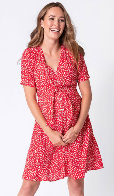 CLEARANCE!  Daffodil Red Print Nursing Tie Front Dress
