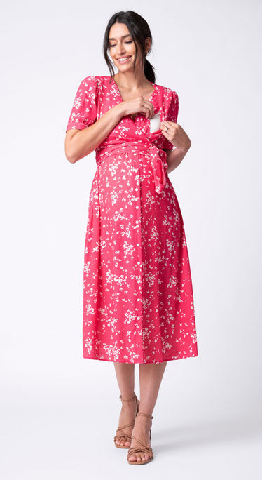 Raspberry Sanna Maternity & Nursing Midi Dress