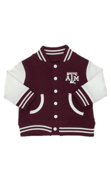 Knit this letterman jacket for my friends' baby in San Antonio